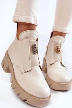 Damskie Skórzane Botki Z Ozdobą Jasnobeżowe Lemar Maley