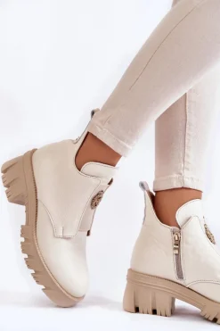 Damskie Skórzane Botki Z Ozdobą Jasnobeżowe Lemar Maley