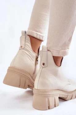 Damskie Skórzane Botki Z Ozdobą Jasnobeżowe Lemar Maley