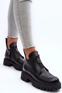 Damskie Skórzane Botki Z Ozdobą Czarne Lemar Lusanna