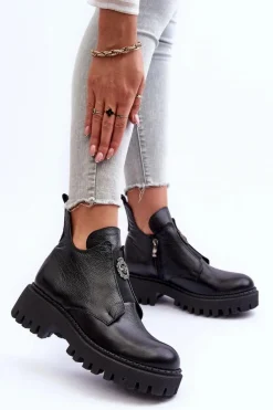 Damskie Skórzane Botki Z Ozdobą Czarne Lemar Lusanna