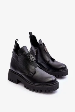 Damskie Skórzane Botki Z Ozdobą Czarne Lemar Lusanna