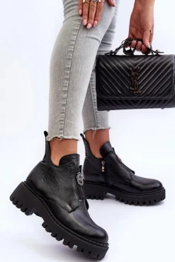 Damskie Skórzane Botki Z Ozdobą Czarne Lemar Lusanna