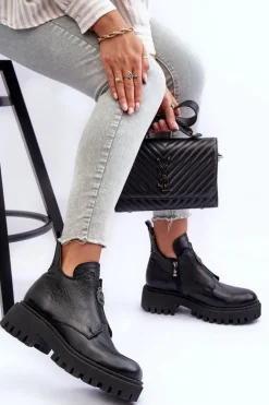 Damskie Skórzane Botki Z Ozdobą Czarne Lemar Lusanna