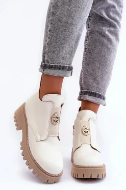 Damskie Skórzane Botki Z Ozdobą Jasnobeżowe Lemar Lusanna