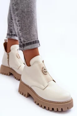 Damskie Skórzane Botki Z Ozdobą Jasnobeżowe Lemar Lusanna