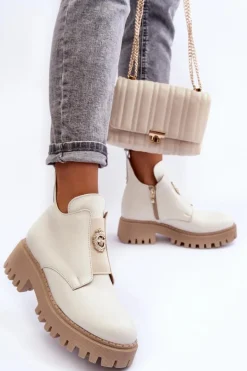 Damskie Skórzane Botki Z Ozdobą Jasnobeżowe Lemar Lusanna