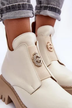 Damskie Skórzane Botki Z Ozdobą Jasnobeżowe Lemar Lusanna