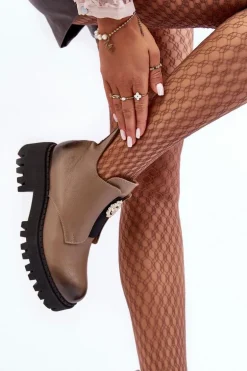 Damskie Skórzane Botki Z Ozdobą Beżowe Lemar Lusanna