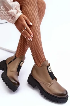 Damskie Skórzane Botki Z Ozdobą Beżowe Lemar Lusanna