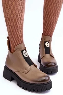 Damskie Skórzane Botki Z Ozdobą Beżowe Lemar Lusanna