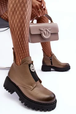 Damskie Skórzane Botki Z Ozdobą Beżowe Lemar Lusanna