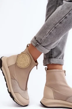 Damskie Skórzane Botki Z Suwakiem Maciejka 06297-22 Beżowe