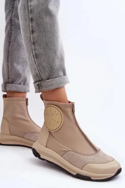 Damskie Skórzane Botki Z Suwakiem Maciejka 06297-22 Beżowe