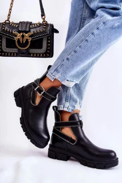 Damskie Skórzane Botki Z Ćwiekami Czarne Clares