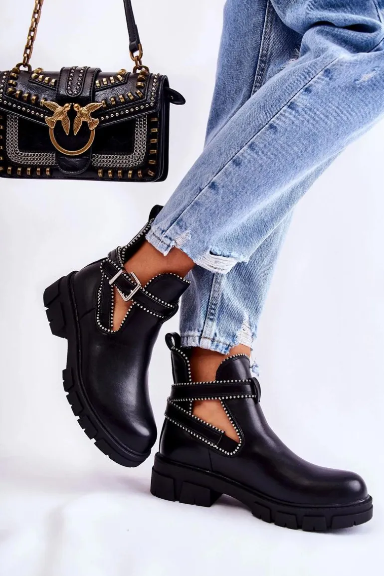 Damskie Skórzane Botki Z Ćwiekami Czarne Clares