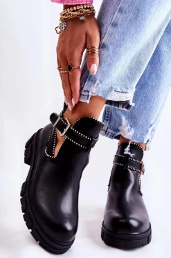 Damskie Skórzane Botki Z Ćwiekami Czarne Clares