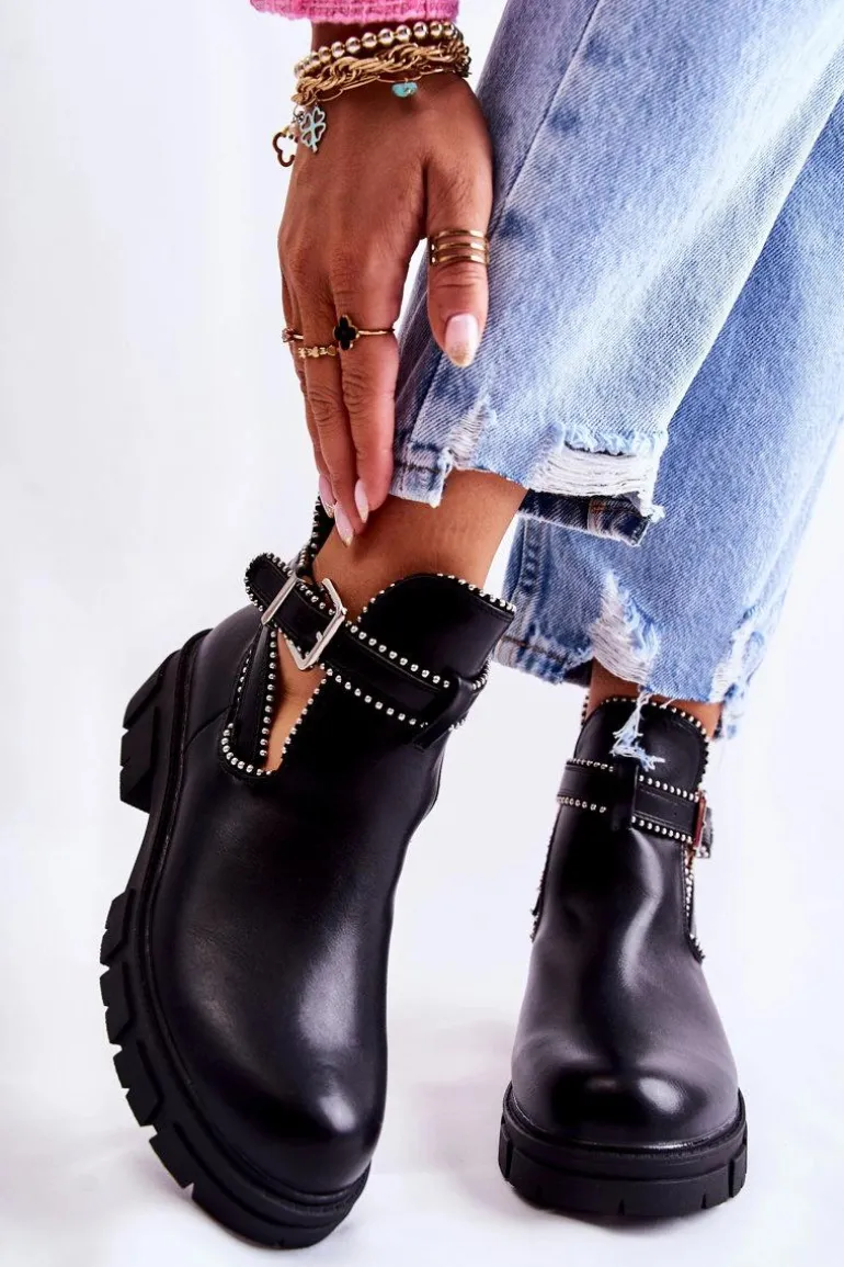 Damskie Skórzane Botki Z Ćwiekami Czarne Clares