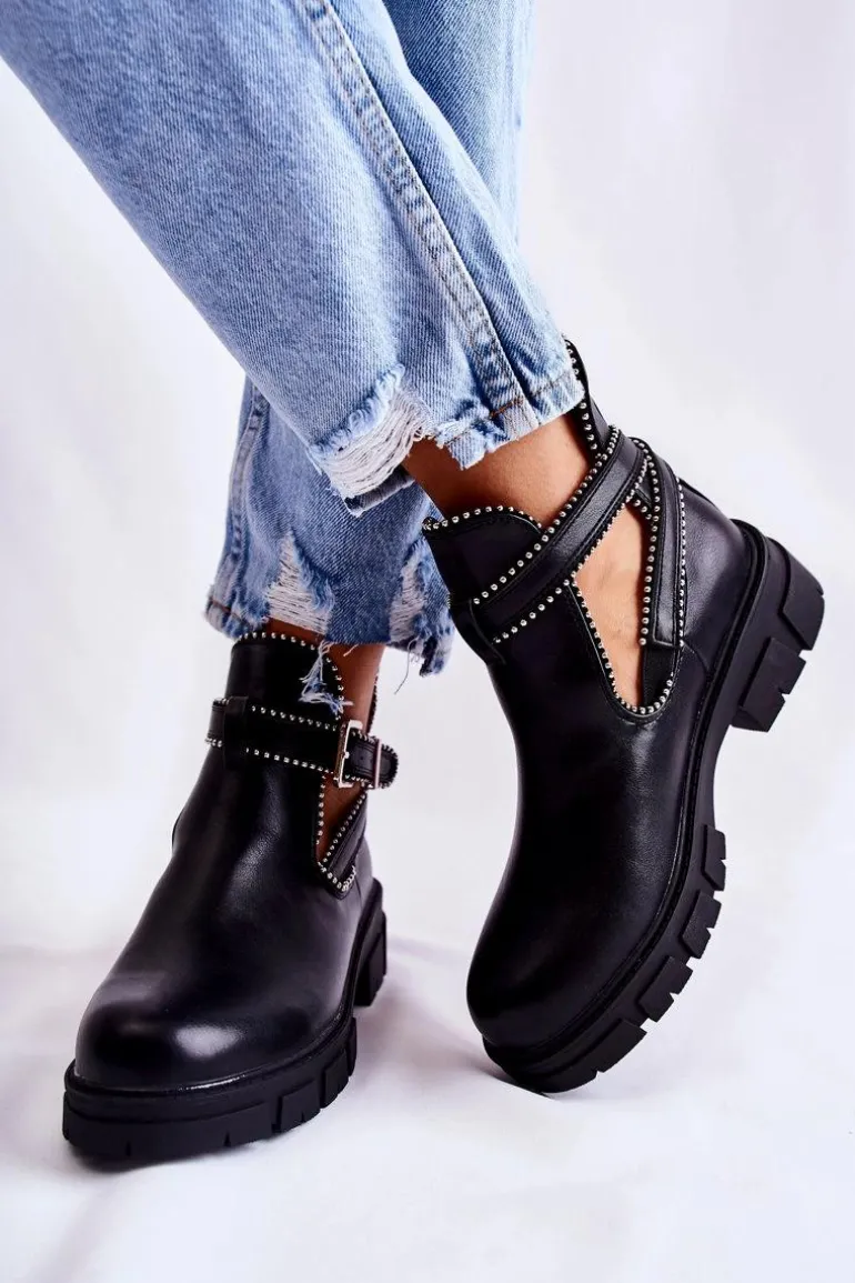 Damskie Skórzane Botki Z Ćwiekami Czarne Clares