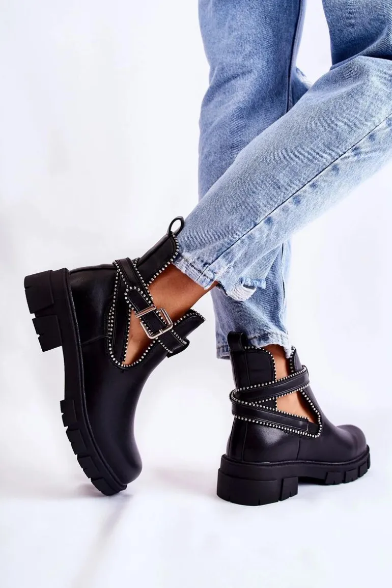 Damskie Skórzane Botki Z Ćwiekami Czarne Clares