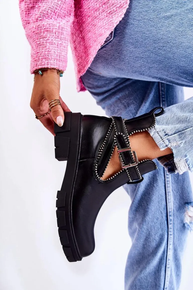 Damskie Skórzane Botki Z Ćwiekami Czarne Clares