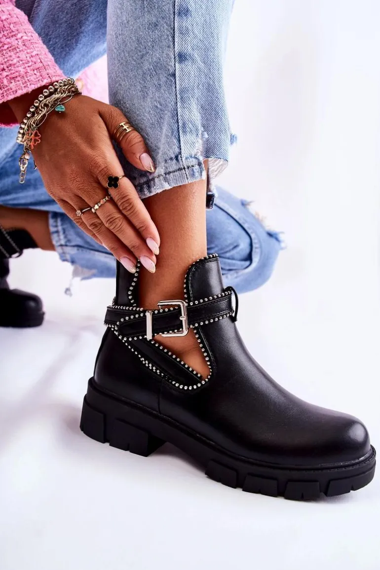 Damskie Skórzane Botki Z Ćwiekami Czarne Clares