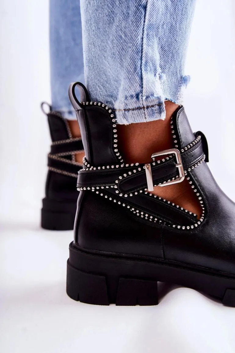 Damskie Skórzane Botki Z Ćwiekami Czarne Clares