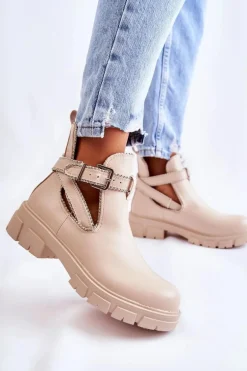 Damskie Skórzane Botki Z Ćwiekami Beżowe Clares