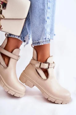 Damskie Skórzane Botki Z Ćwiekami Beżowe Clares