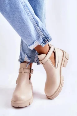 Damskie Skórzane Botki Z Ćwiekami Beżowe Clares