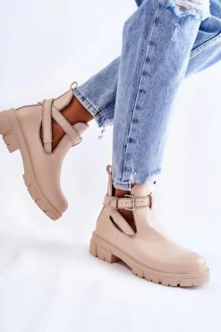 Damskie Skórzane Botki Z Ćwiekami Beżowe Clares