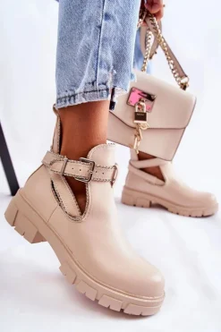 Damskie Skórzane Botki Z Ćwiekami Beżowe Clares