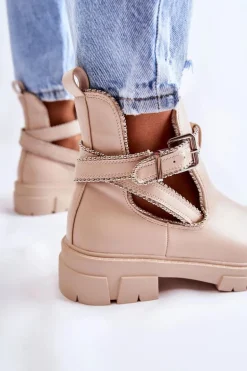 Damskie Skórzane Botki Z Ćwiekami Beżowe Clares