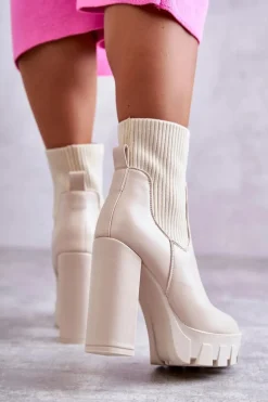 Damskie Skórzane Botki Ze Skarpetą Beżowe Adalyn