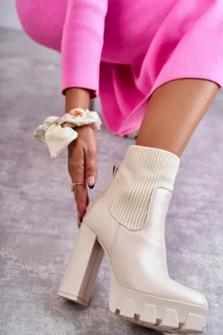 Damskie Skórzane Botki Ze Skarpetą Beżowe Adalyn