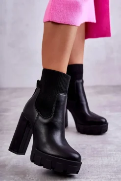 Damskie Skórzane Botki Ze Skarpetą Czarne Adalyn