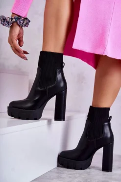 Damskie Skórzane Botki Ze Skarpetą Czarne Adalyn