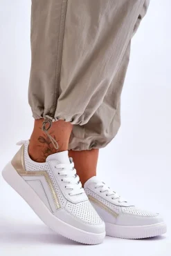 Damskie Skórzane Buty Sportowe Z Perforacją Biało-Złote Carvalo