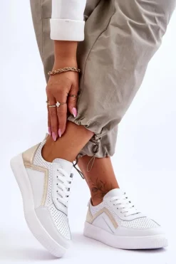 Damskie Skórzane Buty Sportowe Z Perforacją Biało-Złote Carvalo