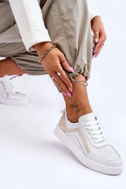 Damskie Skórzane Buty Sportowe Z Perforacją Biało-Złote Carvalo