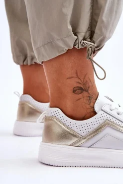 Damskie Skórzane Buty Sportowe Z Perforacją Biało-Złote Carvalo