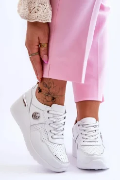 Damskie Skórzane Buty Sportowe Na Koturnie Biało-Srebrne Rebeca