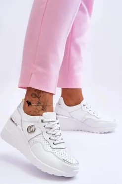 Damskie Skórzane Buty Sportowe Na Koturnie Biało-Srebrne Rebeca