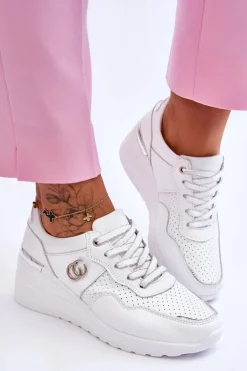 Damskie Skórzane Buty Sportowe Na Koturnie Biało-Srebrne Rebeca