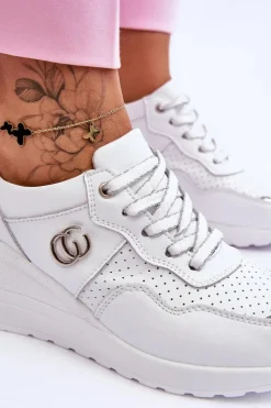 Damskie Skórzane Buty Sportowe Na Koturnie Biało-Srebrne Rebeca