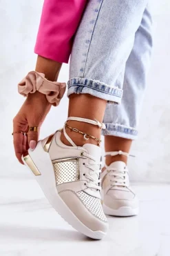 Damskie Skórzane Buty Sportowe Na Koturnie Beżowo-Białe Larson