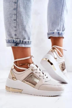 Damskie Skórzane Buty Sportowe Na Koturnie Beżowo-Białe Larson