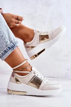 Damskie Skórzane Buty Sportowe Na Koturnie Beżowo-Białe Larson