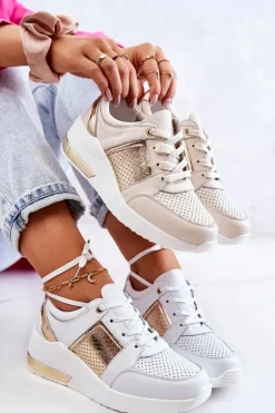 Damskie Skórzane Buty Sportowe Na Koturnie Beżowo-Białe Larson