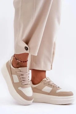 Damskie Skórzane Buty Sportowe Na Masywnej Platformie Beżowe Belisso